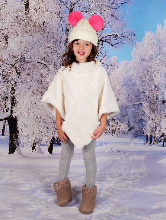 Kids Soft Faux Fur Poncho W/  Diagonal Pattern and Faux Fur Neckline (3-7 Years Old) 